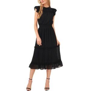 CeCe Dress Womens Medium Black Fresh Appeal Swiss Dot Ruffle Tiered Midi Lined